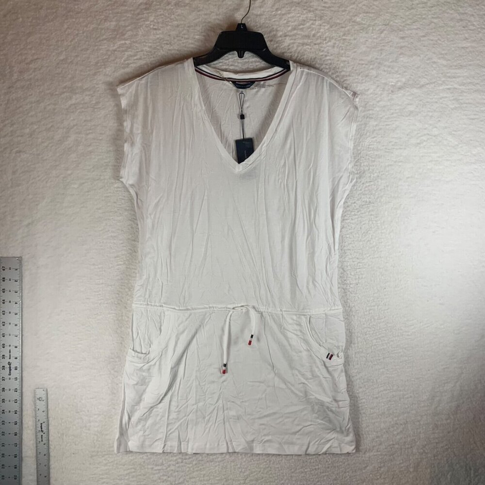 Tommy Hilfiger Women's V-Neck Tie Waist White Cotton Swim Cover Up Size S‎ NWT